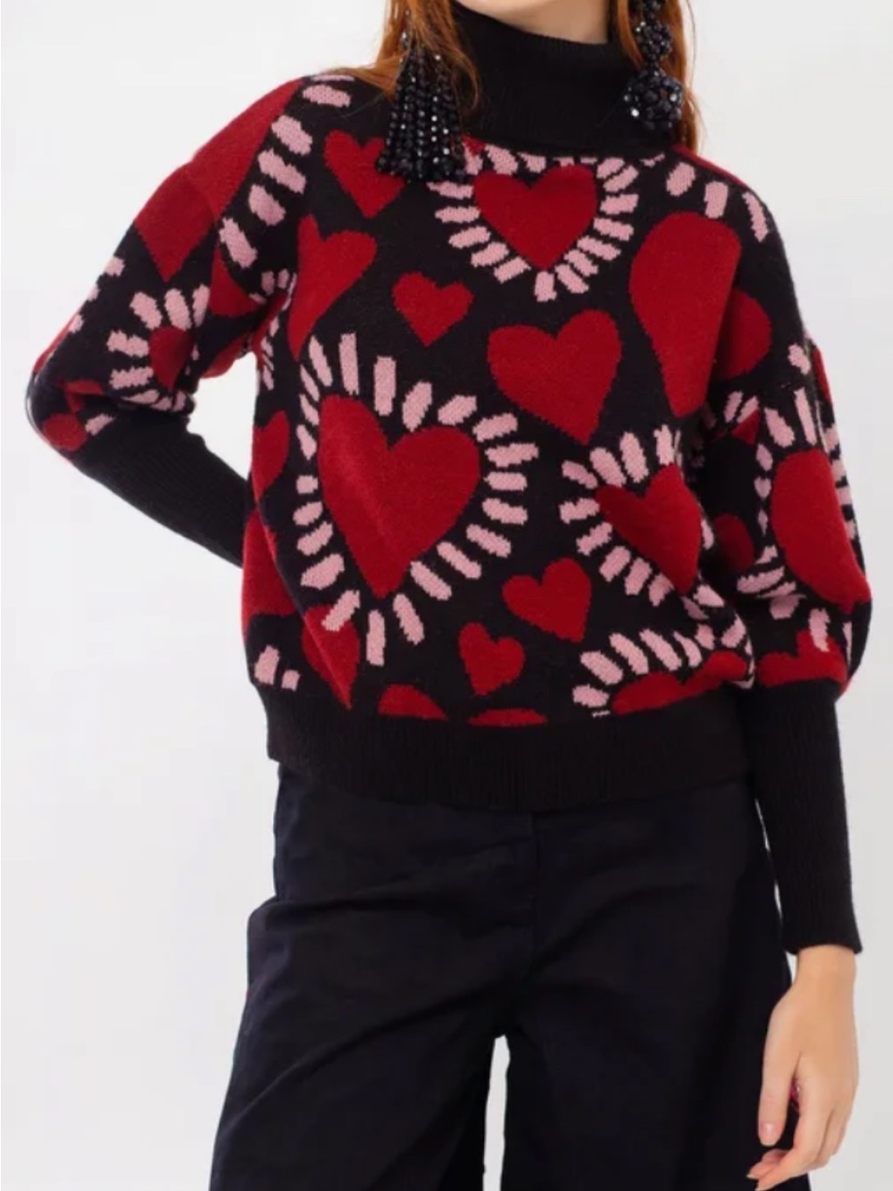 Farm Rio Full of Hearts Jacquard Sweater  Puff Sleeves Size medium RARE